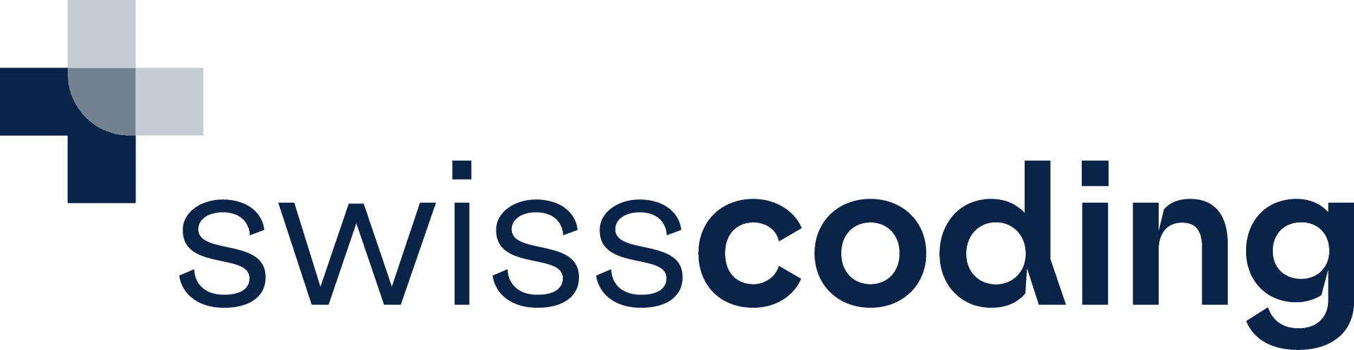 Logo mit blauen, sich überlappenden Kreuzformen auf der linken Seite und dem Wort „swisscoding“ in fetten, dunkelblauen Kleinbuchstaben auf hellgrauem Hintergrund.