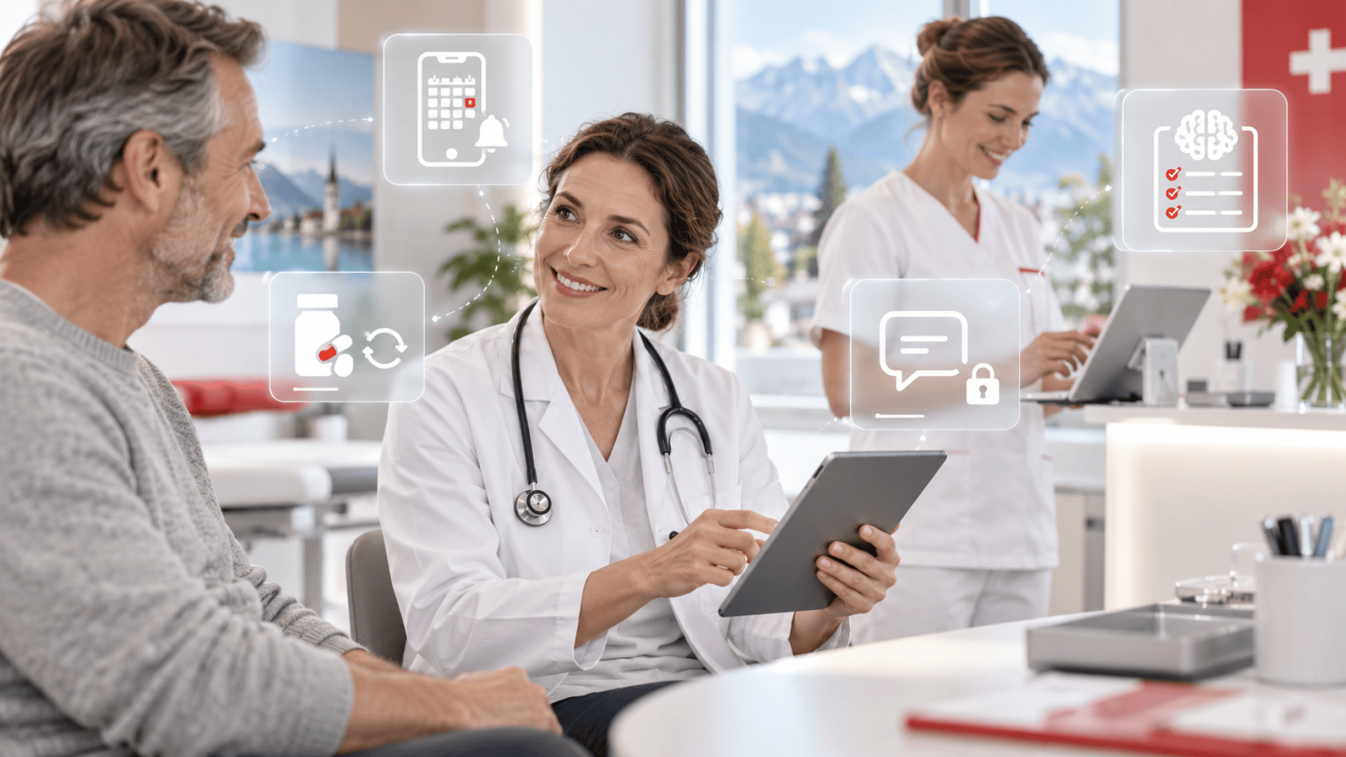 Ein Arzt lächelt, während er einen Patienten mithilfe eines Tablets untersucht; um ihn herum schweben medizinische Symbole, und im Hintergrund arbeitet eine Krankenschwester am Computer. Die Szene spielt in einer hellen, modernen Praxis mit Blick auf die Berge.