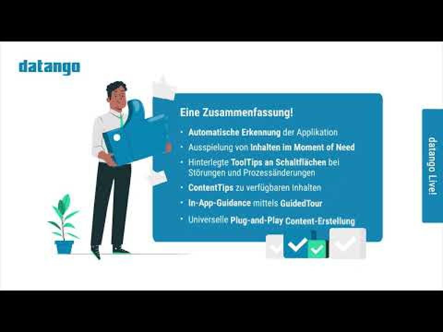 Eine Person steht neben einem großen Puzzlestück neben einem Infokasten mit deutschem Text, in dem Funktionen wie automatische Erkennung, Tooltips, In-App-Anleitung und Inhaltserstellung aufgeführt sind. Das Datango-Logo und zwei Häkchen sind zu sehen.