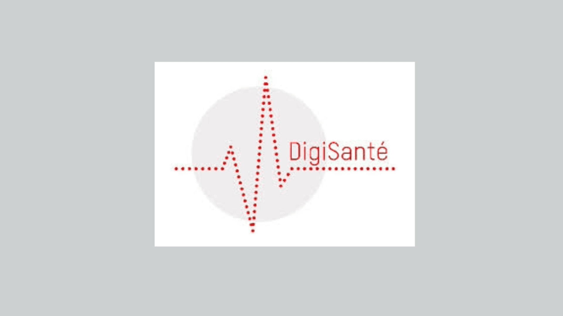 Logo mit roter gepunkteter Linie, die ein Herzschlagsymbol bildet, daneben der Text "DigiSanté" in Rot, alles auf weißem Hintergrund mit einem schwachen grauen Kreis hinter der Herzschlaglinie.