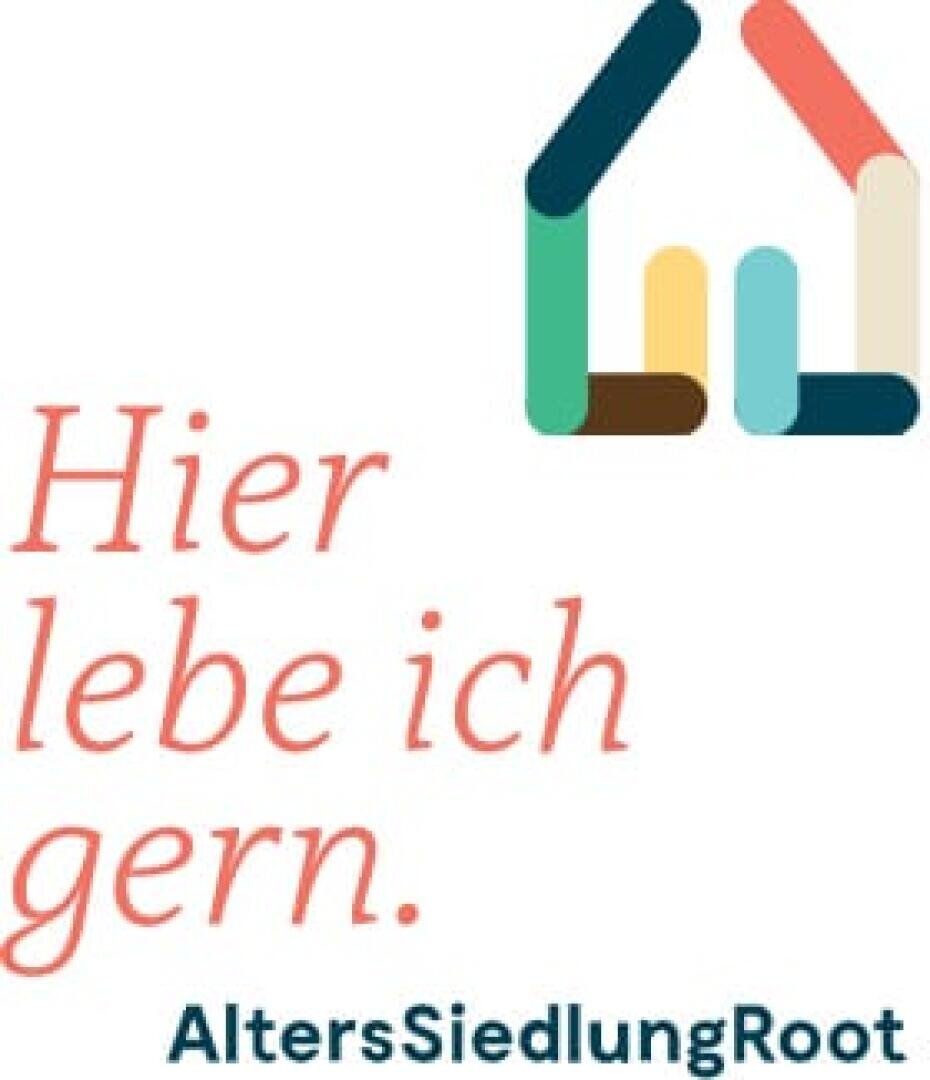 Logo mit bunten geometrischen Formen, die ein Haus bilden, neben dem deutschen Text Hier lebe ich gern. und darunter AltersSiedlungRoot.
