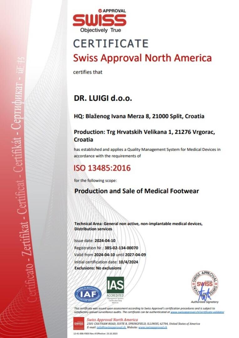 Certificat délivré à Dr. Luigi d.o.o. par Swiss Approval North America conformément à la norme ISO 13485:2016, qui couvre la fabrication et la commercialisation de chaussures médicales, valable du 10 avril 2024 au 9 avril 2027. Comprend les logos et des informations détaillées sur la certification.
