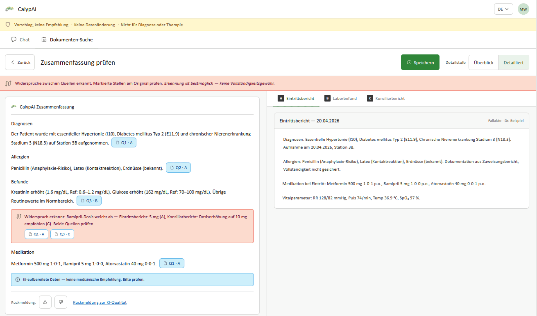 Eine medizinische Software-Oberfläche zeigt links die Diagnose, die Medikamente und die Patientenübersicht an, während rechts die Therapieempfehlungen angezeigt werden. Die Schaltflächen zum Speichern, Bearbeiten und Anzeigen von Details befinden sich oben rechts.