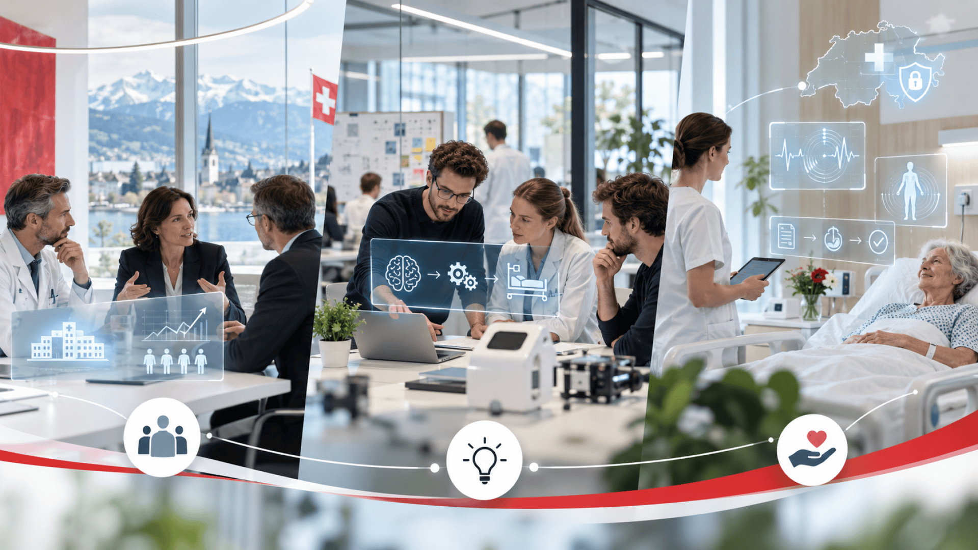 Drei Szenen aus dem medizinischen Alltag in der Schweiz: Fachkräfte bei einer Besprechung, Forscher bei der Arbeit mit technischen Geräten und Ärzte bei der Versorgung eines Patienten im Krankenhausbett, überlagert von medizinischen und digitalen Symbolen.