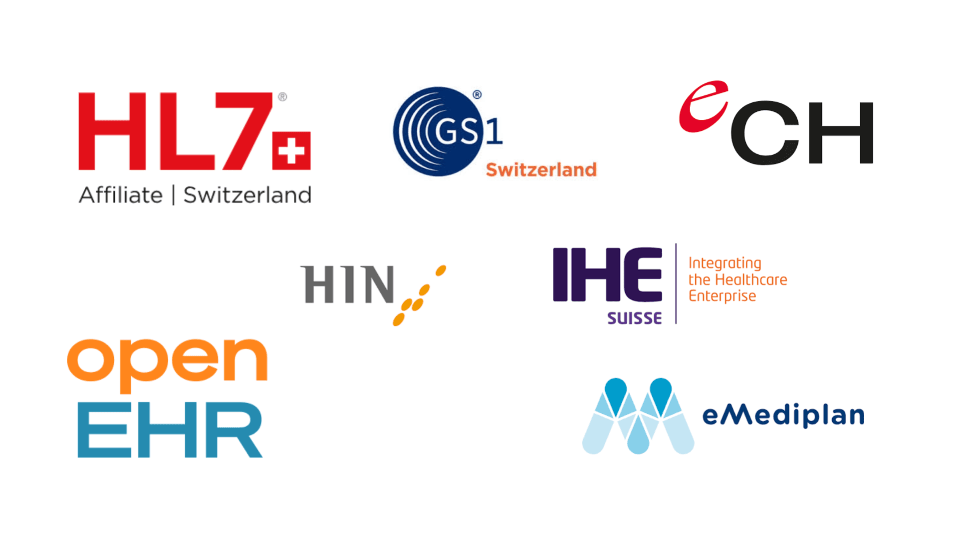 Logos von sieben Schweizer Healthcare- und Health-IT-Organisationen, darunter HL7 Schweiz, GS1 Schweiz, eCH, HIN, IHE Suisse, openEHR und eMediplan, dargestellt auf weissem Hintergrund.