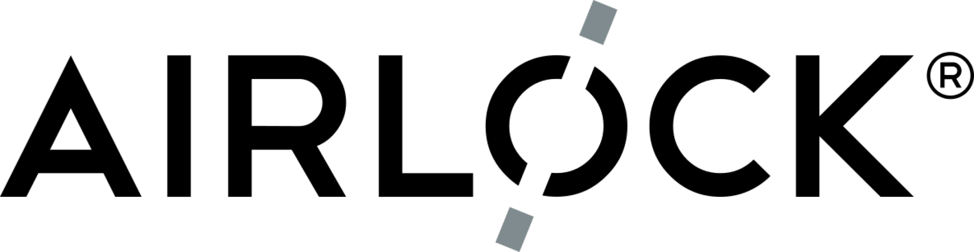 Logo mit dem Wort AIRLOCK in fetten schwarzen Buchstaben; das O ist als offener Kreis mit zwei grauen Rechtecken darüber und darunter stilisiert, und oben rechts erscheint ein eingetragenes Markensymbol.