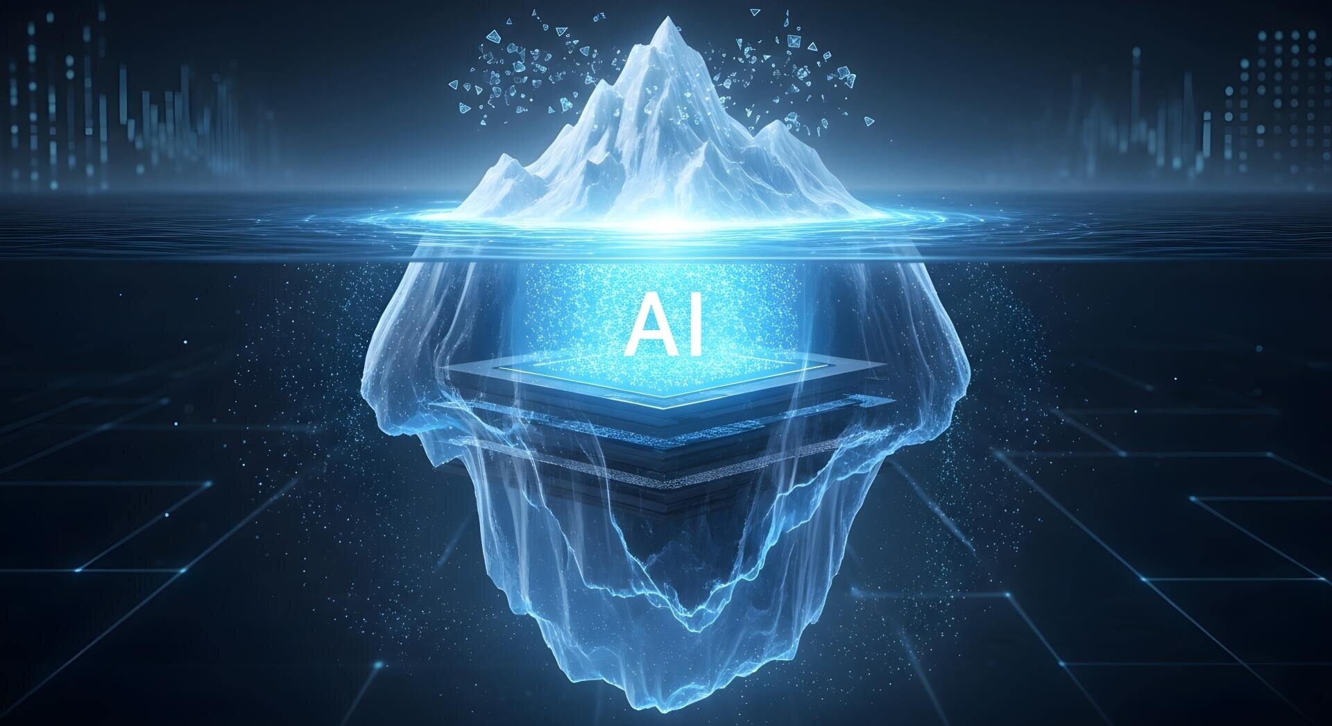 Ein leuchtender Eisberg, auf dem „AI“ steht, ragt aus dem Wasser empor. In seiner Mitte ist ein Mikrochip eingebettet, der die Tiefe der künstlichen Intelligenz symbolisiert. Digitale Grafiken und Datenvisualisierungen füllen den dunkelblauen Hintergrund aus.