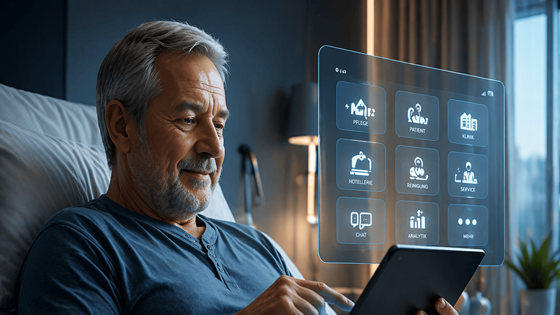 Ein älterer Mann sitzt im Bett und bedient ein Tablet, während vor ihm eine transparente digitale Benutzeroberfläche mit Symbolen für Gesundheits- und Dienstleistungsangebote schwebt.