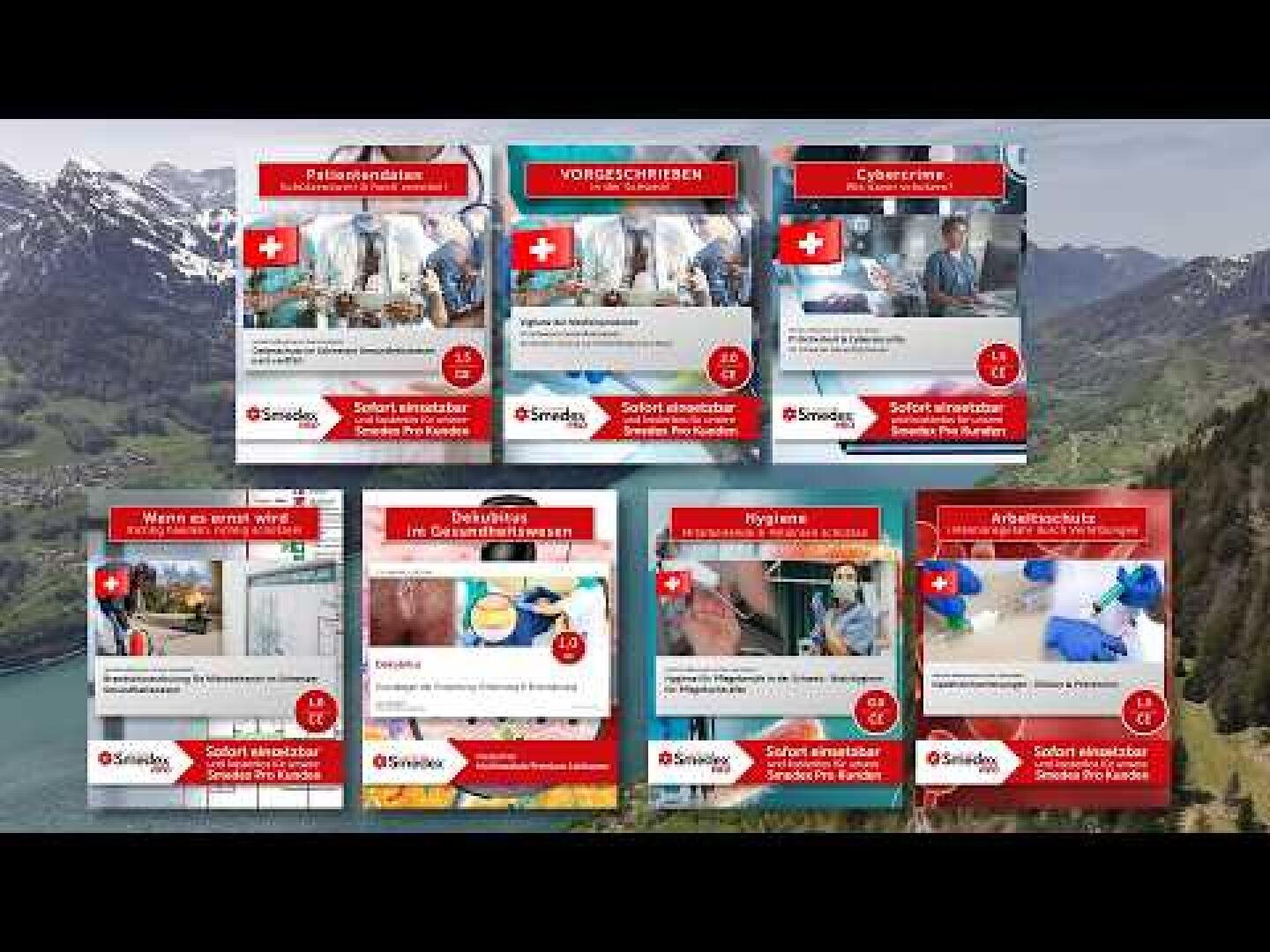 Acht Schweizer Informationskarten mit Bildern und roten Überschriften sind in einem Raster vor dem Hintergrund einer Schweizer Berglandschaft angeordnet. Die Karten scheinen Themen aus den Bereichen Sicherheit, Gesundheit oder Arbeitswelt zu behandeln.