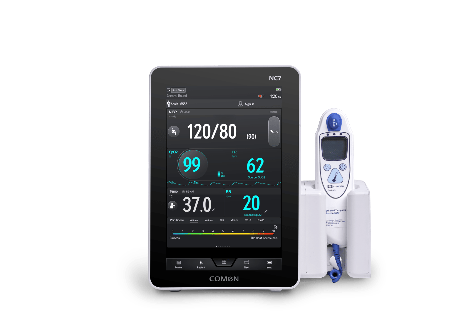 Ein Comen NC7-Patientenmonitor, der die Vitalparameter anzeigt, neben einem Genius 3-Ohrthermometer in seiner Ladestation.