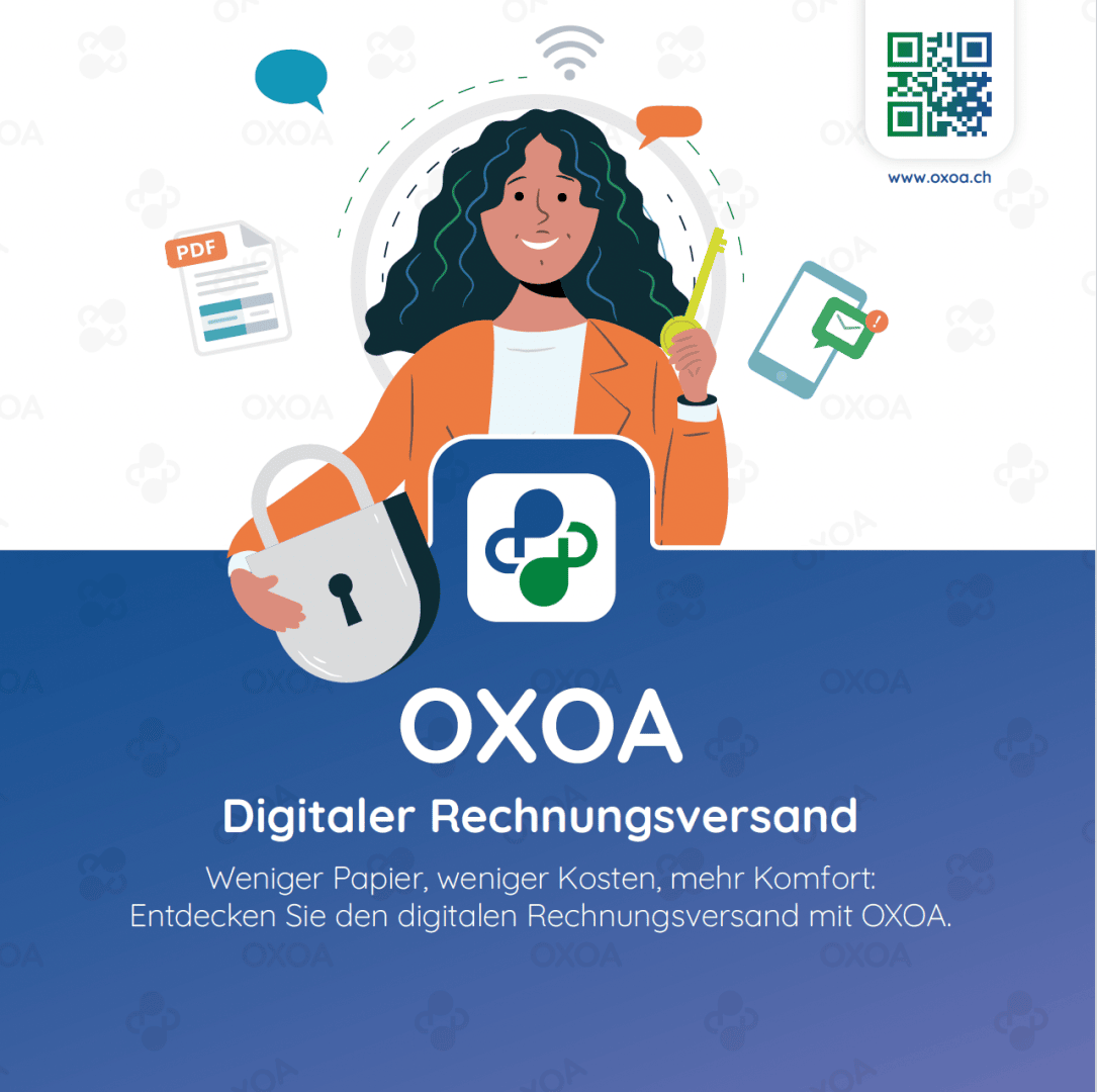 Eine Frau hält einen Schlüssel und ein Schloss in der Hand, umgeben von Symbolen für digitale Dokumente. Der Text wirbt für OXOA, einen Dienst für digitale Rechnungen, und hebt dabei den geringeren Papierverbrauch, die niedrigeren Kosten und den höheren Komfort hervor.