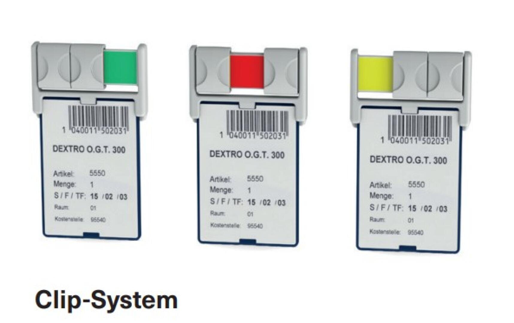 Es sind drei beschriftete Karten mit Klammern in den Farben Grün, Rot und Gelb zu sehen. Auf jeder Karte sind ein Barcode, der Text „DEXTRO O.G.T. 300“ sowie Produktdetails abgebildet. Unterhalb der Karten steht „Clip-System“.