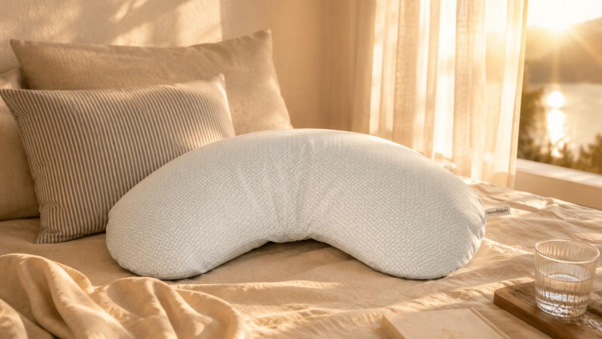 Un oreiller blanc en forme de U repose sur un lit beige, parmi des oreillers rayés et unis, baigné par la lumière chaude du soleil qui pénètre par une fenêtre voisine.