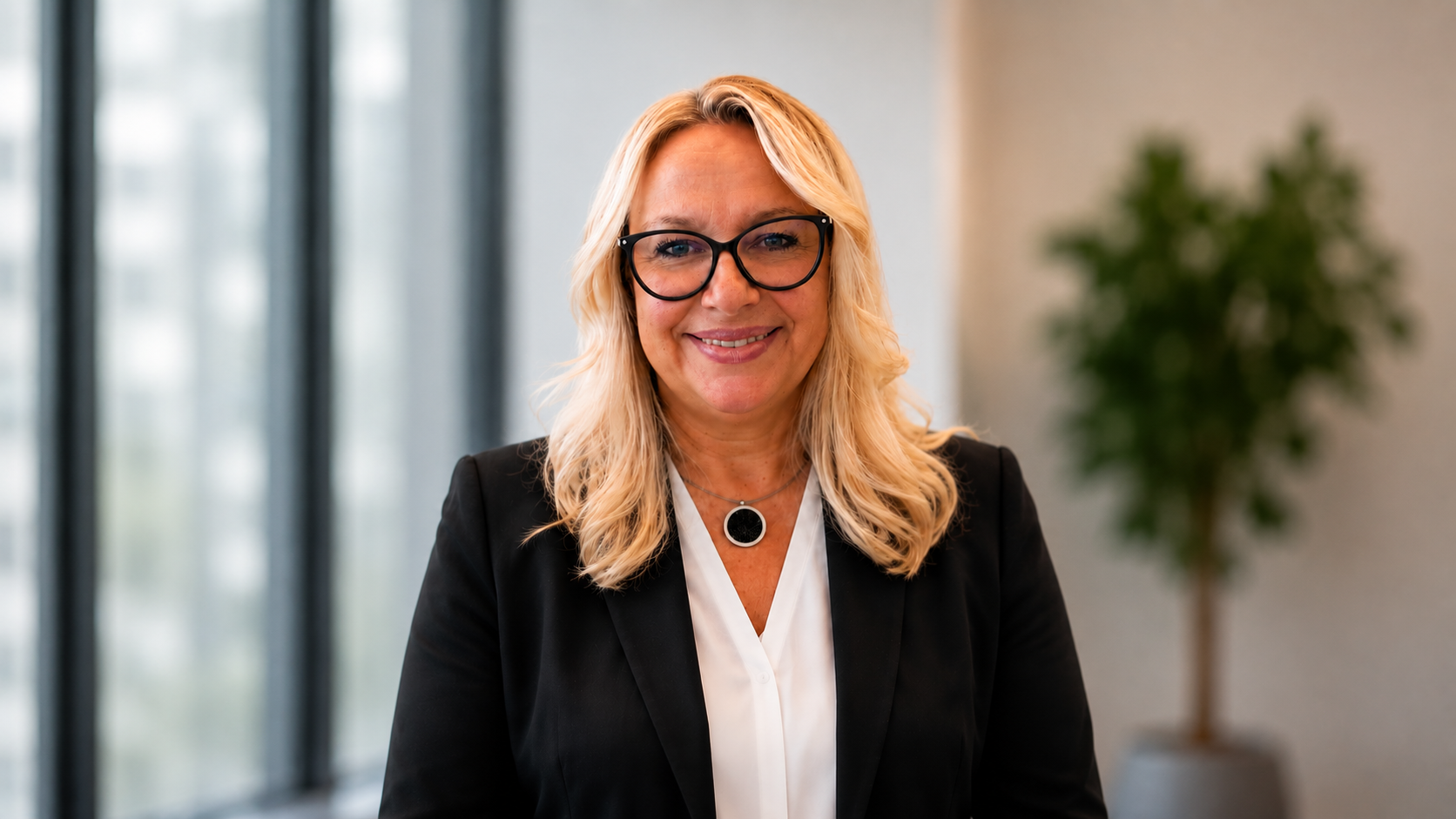Une femme aux longs cheveux blonds et portant des lunettes, vêtue d'un blazer noir et d'un haut blanc, se tient debout, souriante, dans un bureau moderne doté de grandes fenêtres, avec une plante en pot en arrière-plan.