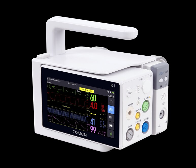 Der Patientenmonitor Comen K1 zeigt auf einem digitalen Bildschirm Vitalparameter wie Herzfrequenz, CO₂-Werte und Sauerstoffsättigung an.