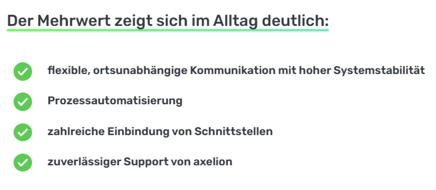 Deutscher Text mit einer Auflistung der Vorteile: flexible, ortsunabhängige Kommunikation bei hoher Systemstabilität; Prozessautomatisierung; zahlreiche Schnittstellenintegrationen; zuverlässiger Support durch axelion. Neben jedem Vorteil sind vier grüne Häkchen zu sehen.