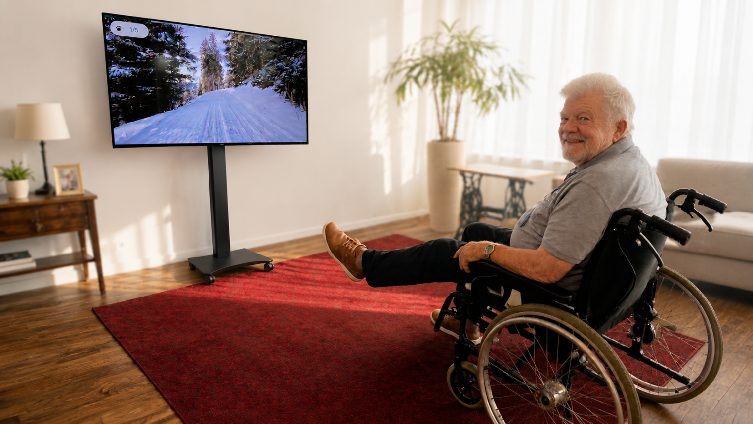 Ein älterer Mann im Rollstuhl lächelt in die Kamera, während er in einem gemütlichen, sonnendurchfluteten Wohnzimmer auf einem Fernseher eine verschneite Waldszene betrachtet.