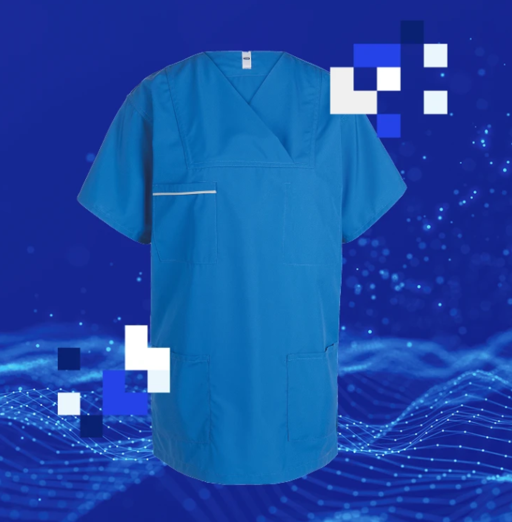 Une blouse chirurgicale bleue sur un fond bleu numérique orné de motifs abstraits de pixels et d'ondulations.